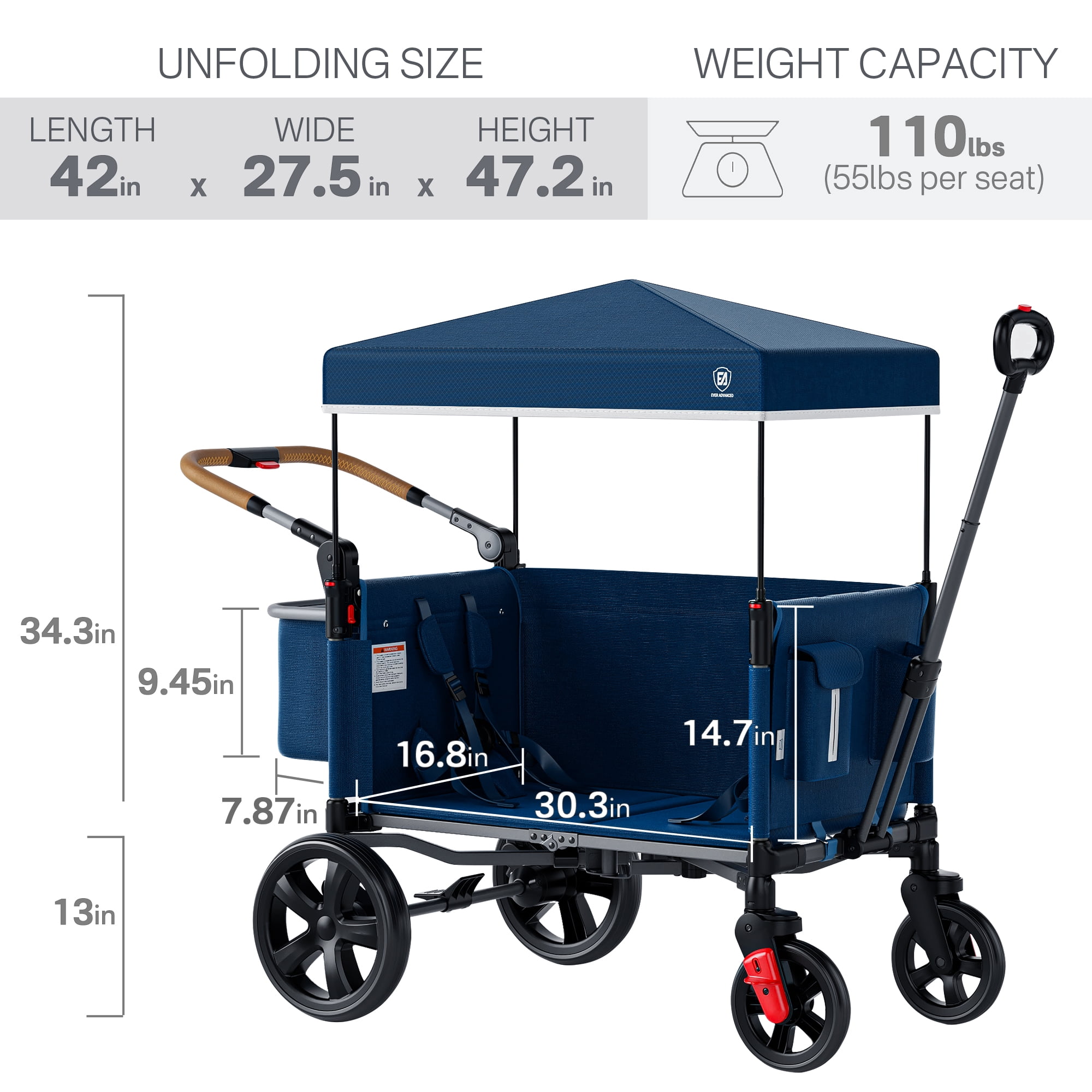 EVER ADVACNED SIDE-UNZIP WAGON STROLLER FOR 2 KIDS,BLUE