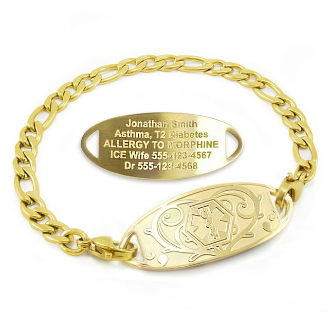 MedicEngraved Yellow Gold Stainless Steel Custom Medical Alert Bracelet - 5mm Figaro Link
