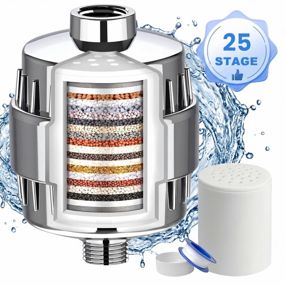 Shower Filter 25 Stages High Output with 2 Replaceable Shower Filter Cartridges for Hard Water Universal Shower Head Reduces Impurities, Improves Skin & Hair