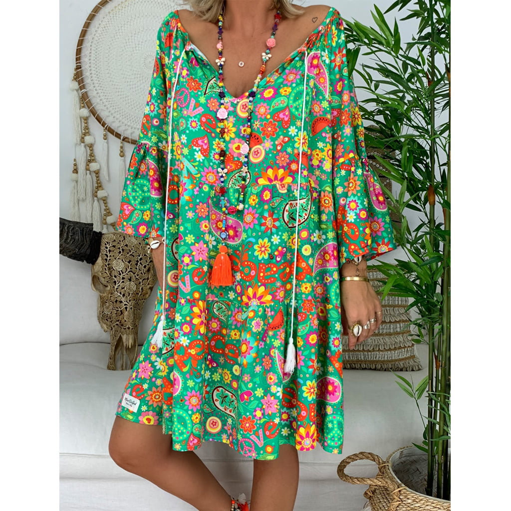 Size Boho Loose  Beach Sundress  Dress Summer Women Tunic Plus Baggy Floral
