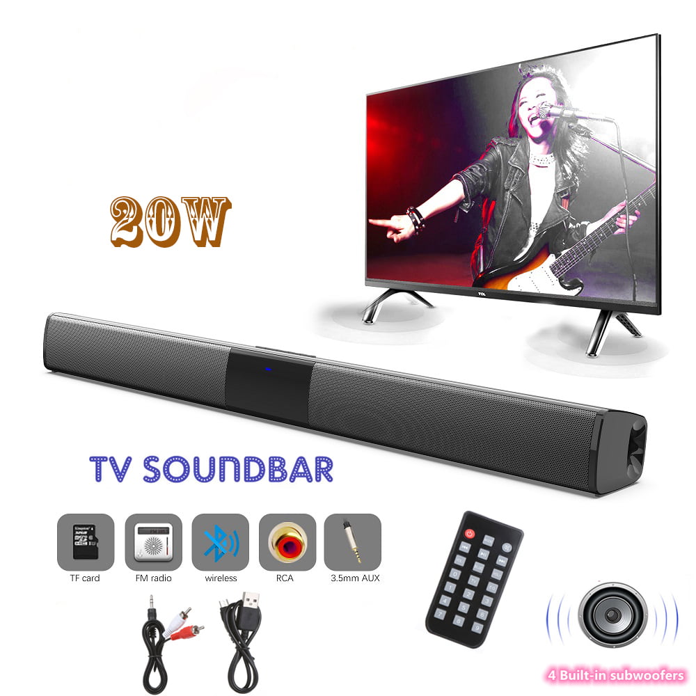 22 Inch Sound Bar with 4 Built-in Subwoofers, 20W Bluetooth Speaker with  Remote, TF Play, FM Radio, Rechargeable, Wireless Soundbar for TV  Smartphone 