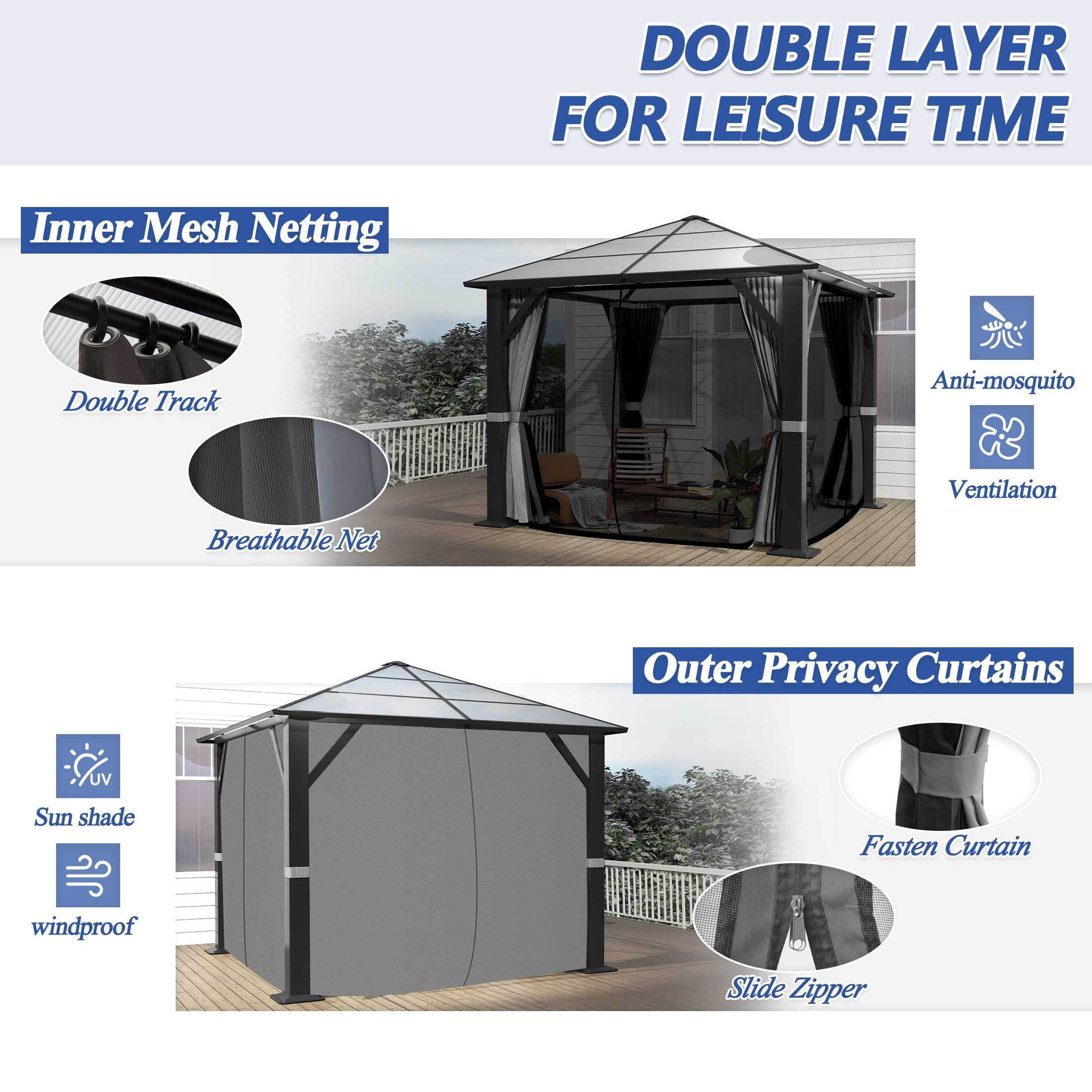 Howsvn 10' x 10' Hardtop Gazebo, Outdoor Polycarbonate Roof Gazebo with Steel Frame, Permanent Pavilion with Netting& Curtains