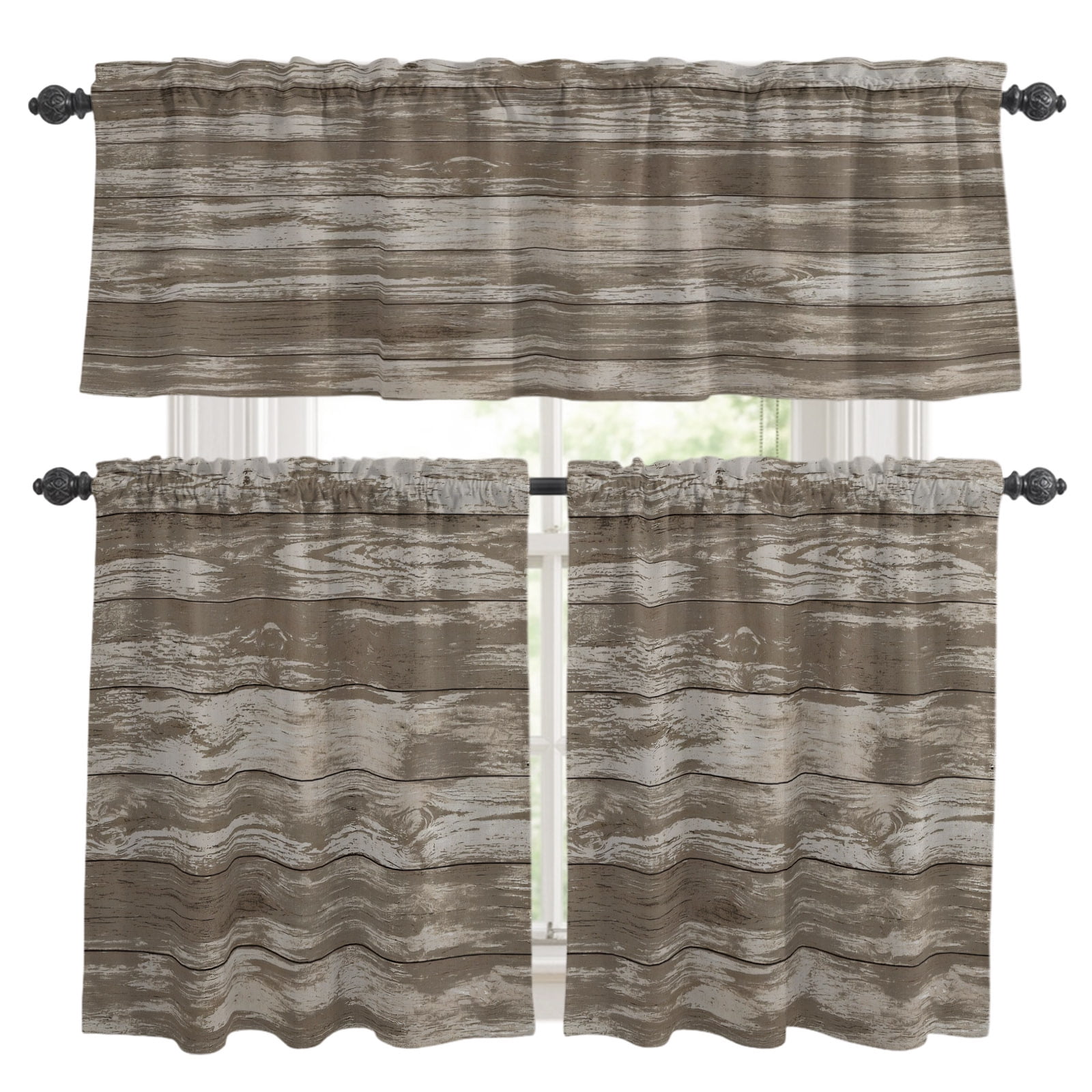 Brown Beige Wood Grain Kitchen Curtains and Valances Set Abstract Turquoise Board Distressed Paint 3 Piece Curtains Valances and Tiers Set Rod Pocket for Kitchen Bathroom Windows 24 Inch