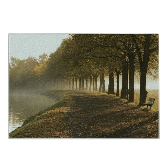 Tree Cutting Board, Walkway at the Canal in Morning Mist Foggy Blurry Day Relaxing Spot in City Picture, Decorative Tempered Glass Cutting and Serving Board, Small Size, Orange Brown, by Ambesonne