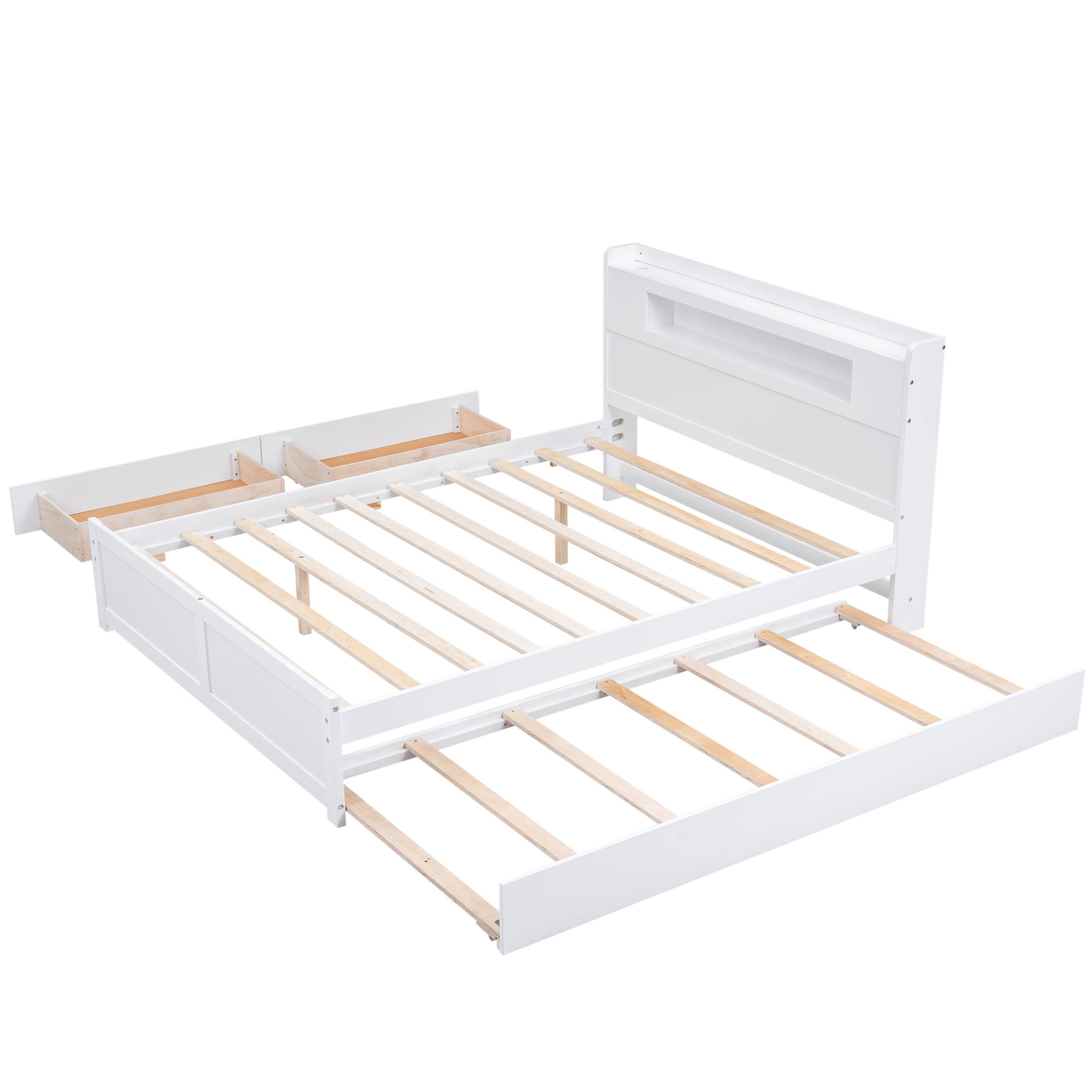 Noble House Queen Size Pine Wood Platform Bed with LED Headboard, Storage Drawers and Twin Trundle, White
