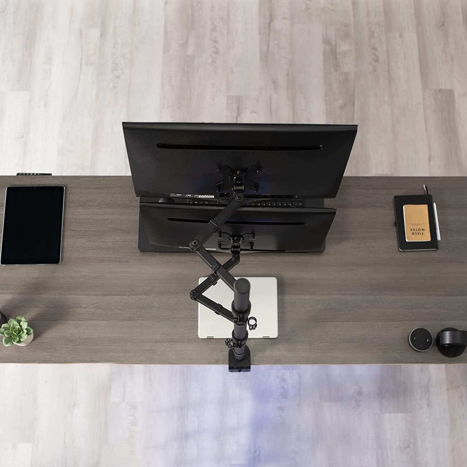 Tall Vertically Stacked Dual Monitor Desk Mount Stand with 39 inch Stand- Pole, Fully Adjustable Extended Arms, Fits 2 Screens  to 27 inches, STAND-V012T