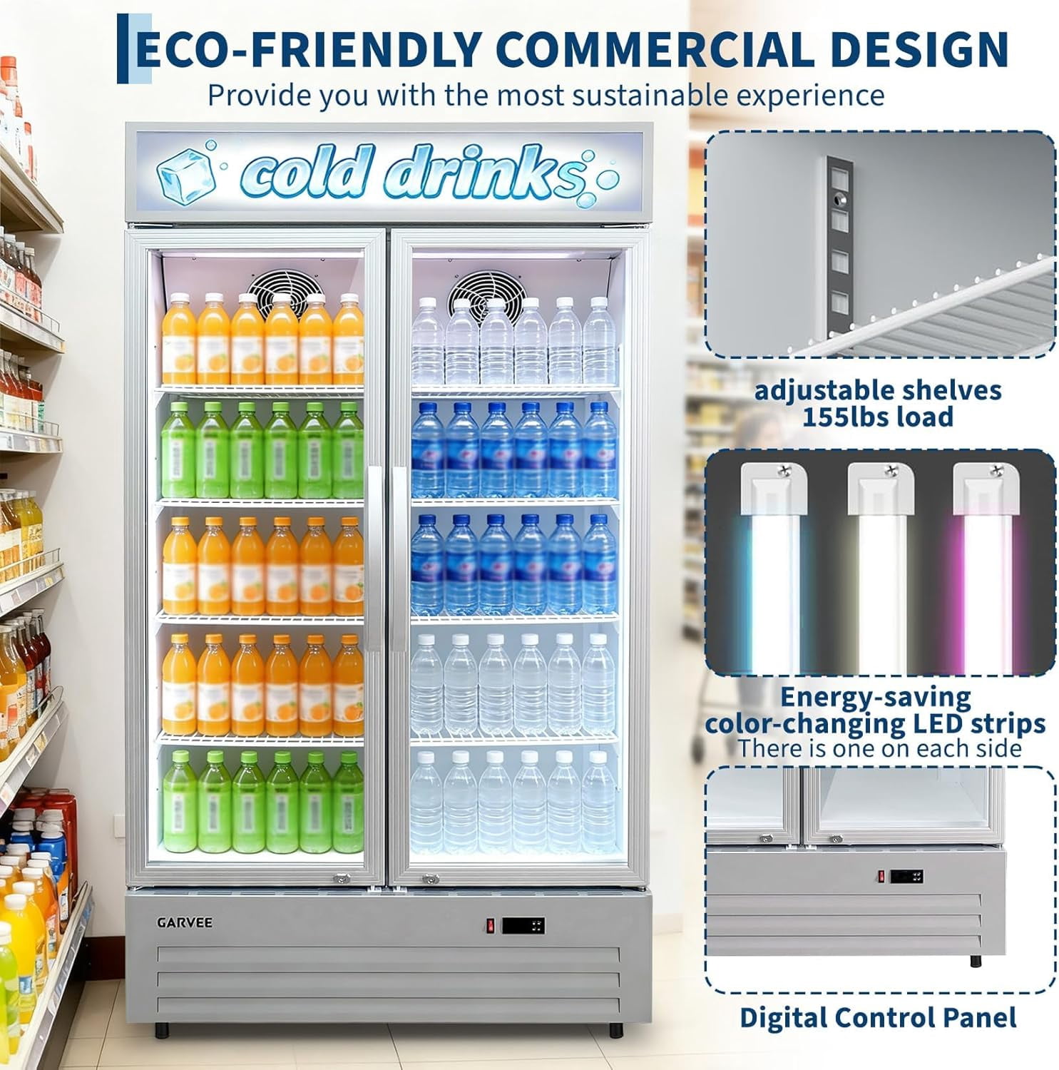34.8 Cu.ft Commercial Beverage Fridge, Double Glass Door Display Refrigerator with Adjustable Shelves, Customizable LED Lightbox & Frost-Free System, Beverage Cooler for Restaurant Bar Store, Silver