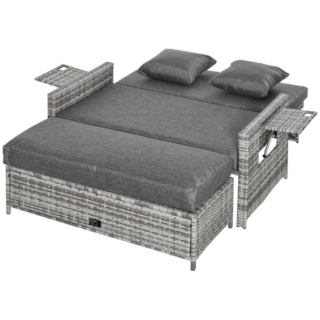 Ensemble Gris de Canapé-Lit en Rotin 2 Pcs avec Repose-Pieds et Rangement – Mobilier de Terrasse et de Jardin – Dossier Réglable et Coussins – Sièges d'Extérieur
