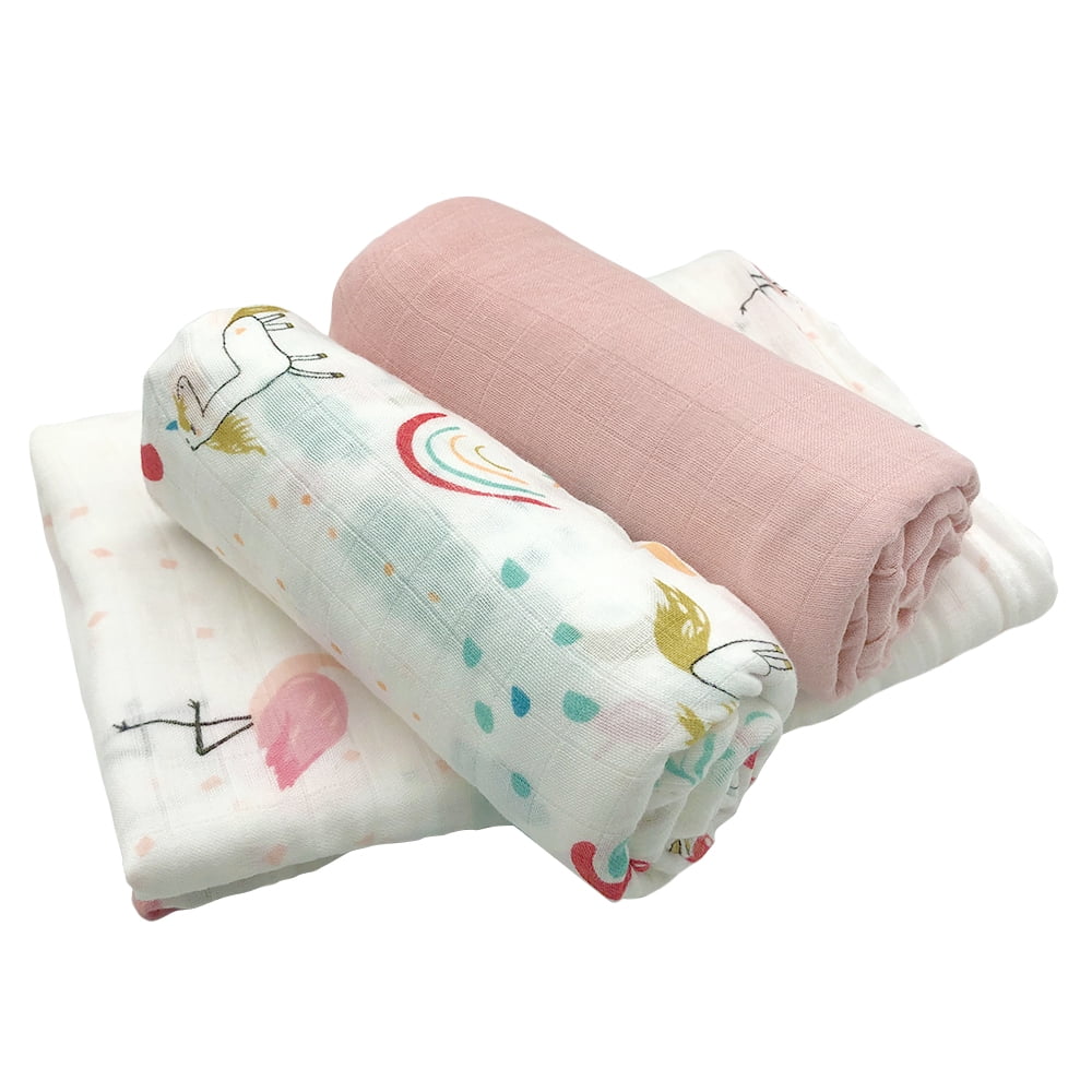 Simple Baby Essentials | Soft Bamboo Muslin Cotton Swaddles - Receiving Blankets | Baby Shower Gift | 3 Pack - Large 47”x47” | Soft Absorbent Breathable | Girl | Light Pink | Unicorn | Flamingo