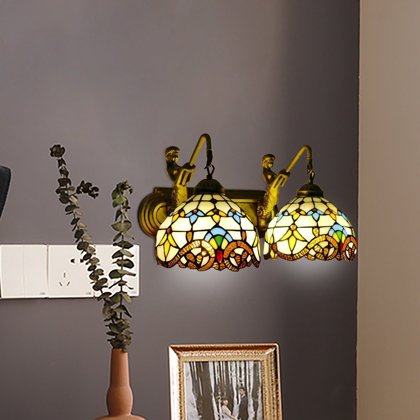 2 Lights Tiffany Mermaid Vanity Fixture Wall Lighting Stained Glass Wall Sconce! For Front Doors, Sheds, Hallways, Terraces