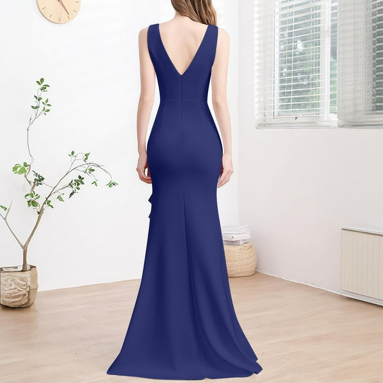 Womens Formal Evening Dresses Elegant Evening Party Prom Dress Sexy V-Neck  Sleeveless Strap Ruffle Split Maxi Dresses - Walmart.com