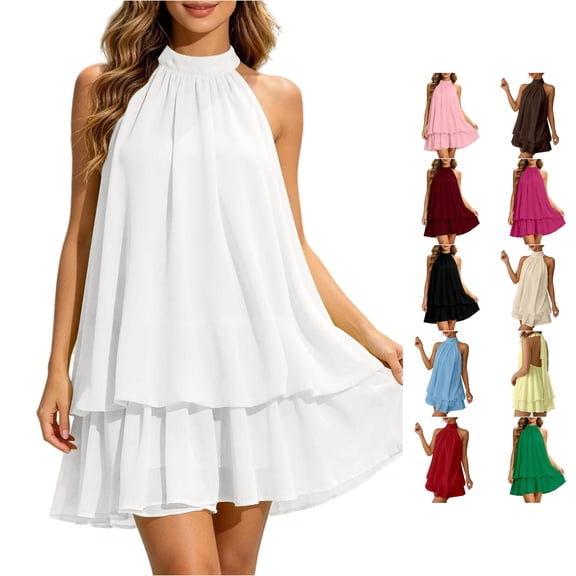 NinXxx Women‘s Halter Backless Chiffon Mini Dress Layered Ruffle Hem White S