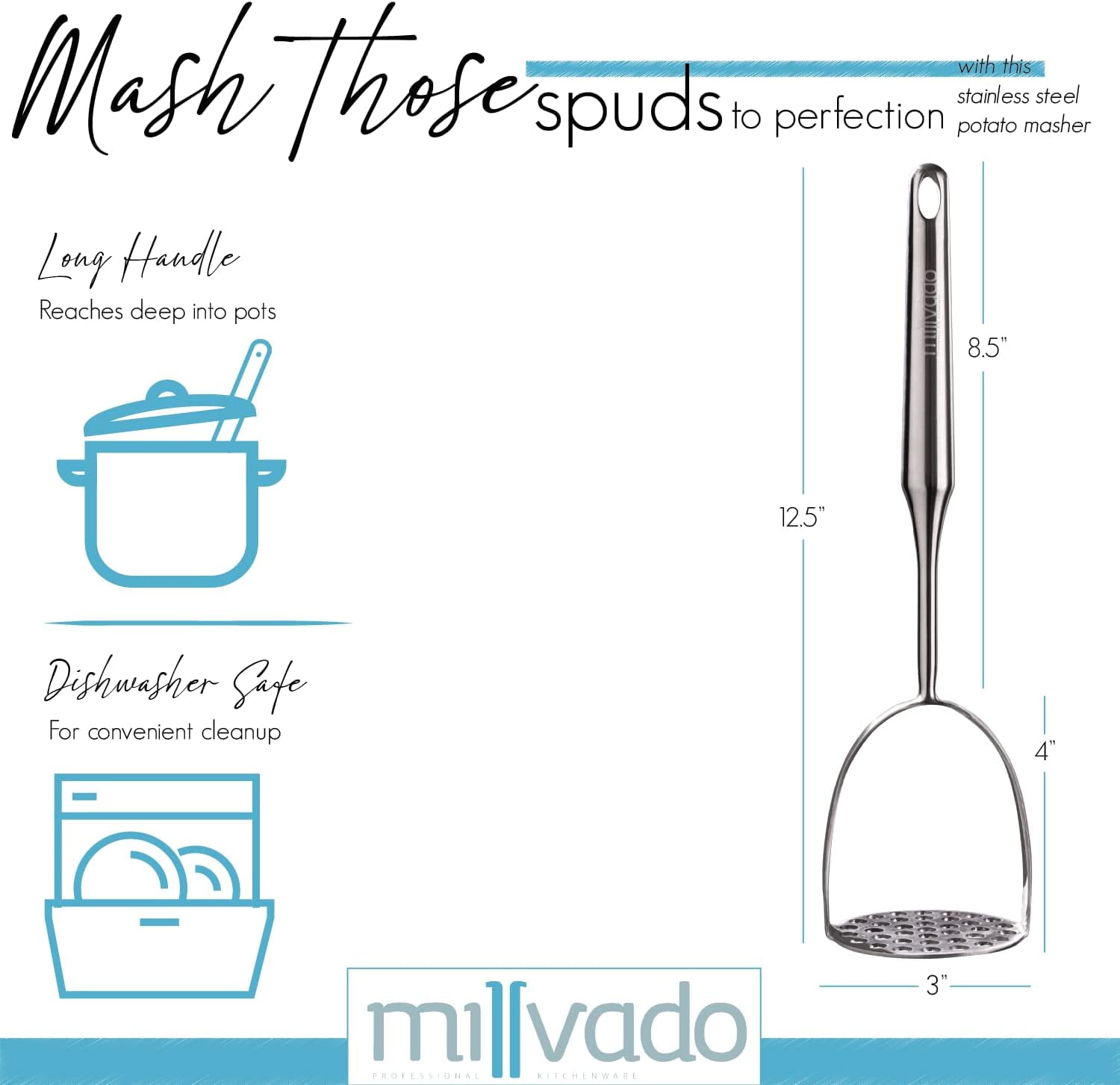 Millvado Potato Masher Stainless Steel: Hand Smasher Kitchen Tool For  Potatoes, Sweet Potatoes, Avocado, Beans, etc. – Large, Heav… in 2023