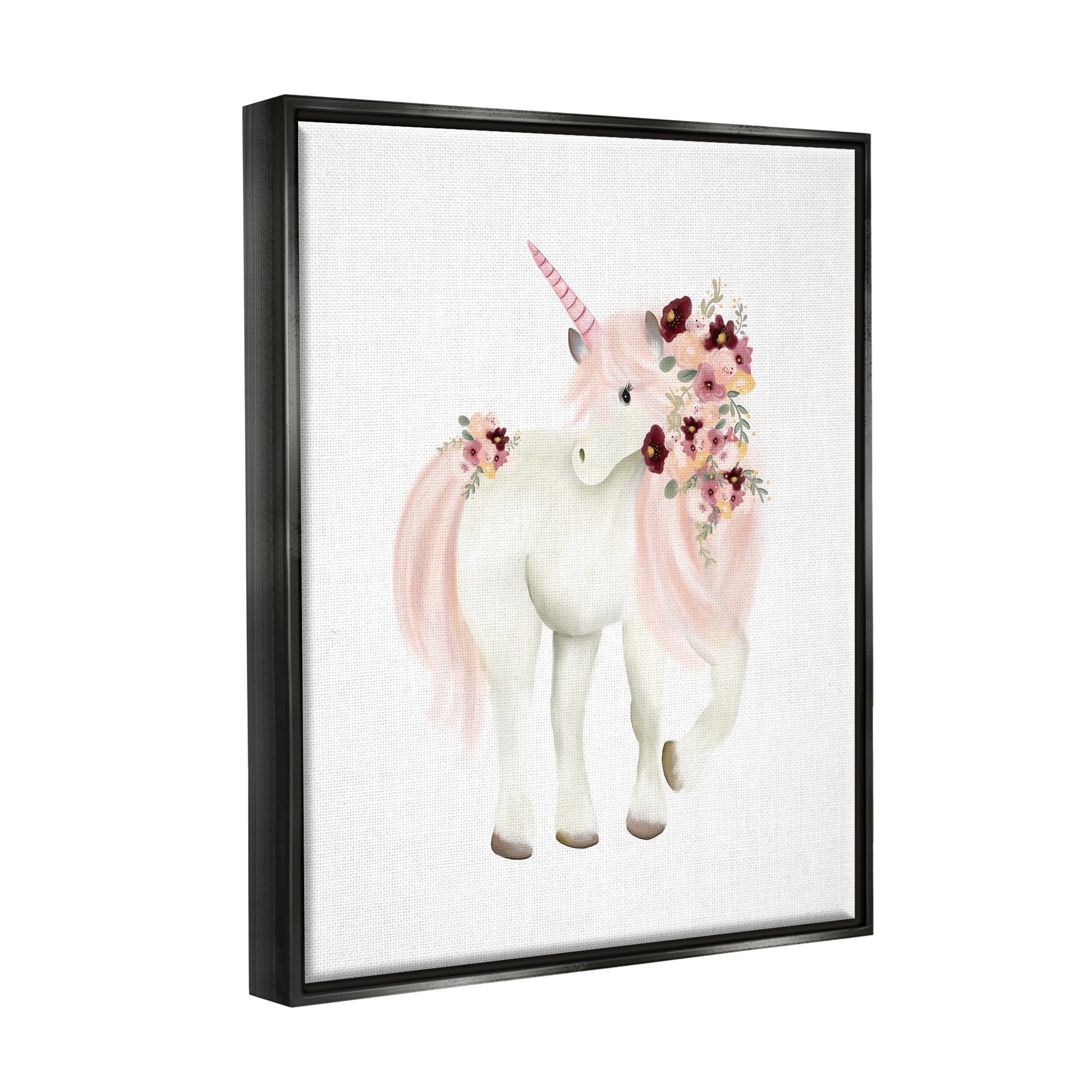 Stupell Industries Floral Decorated Unicorn Pink Mane Fantasy Creature Graphic Art Jet Black Floating Framed Canvas Print Wall Art, Design by Studio Q