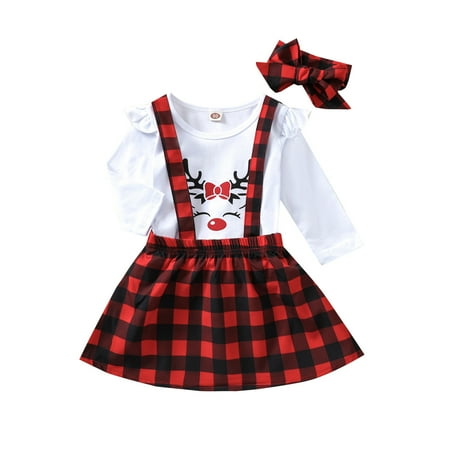 

Girls Long Sleeve Christmas Deer Printed Tops Plaid Dot Cartoon Suspender Skirts Headbands Outfits For 3-4 Years