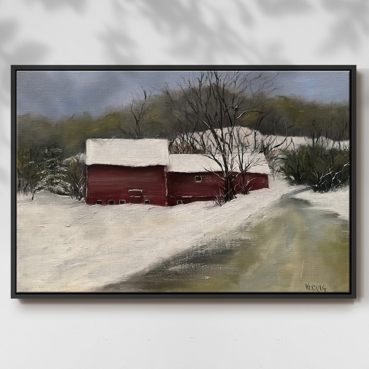 Winter Homestead II - Framed Gallery Wrapped Holiday Canvas - 27 x 41 - Black Frame