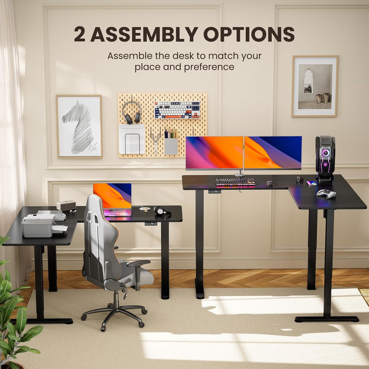 Kyspho L Shaped Standing Desk, 63" x 55" Electric Height Adjustable Sit Stand up Desk, Corner Computer Table for Home Office, Interchangeable Installation of Left and Right, Black