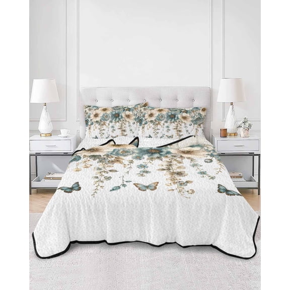 Quilts Queen Size, Teal Floral Soft Comforter Bedding Set for Bed, Weeping Beige Turquoise Flowers Summer Lightweight Quilted Bedspread with Pillow Cover(2 Pieces) for All Season, 90x96 Inch