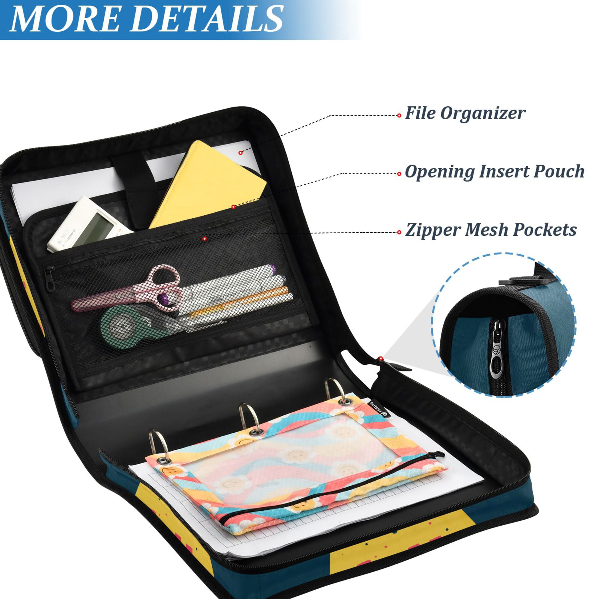 FORMRS Zipper Binder with Shoulder Strap 2-inch Ring 500 Sheet Capacity File Bag, Blue UFO
