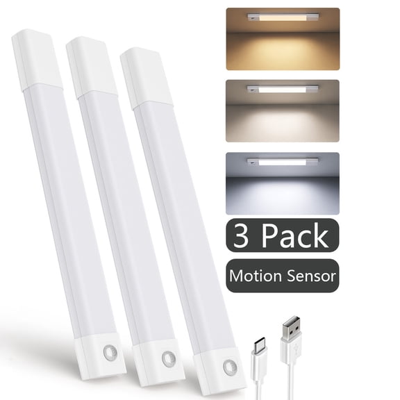 EZVALO 3-Pack 11.8'' Under Cabinet Lights, 50 LED Motion Sensor Closet Lights, USB Rechargeable Wireless Cabinet Lighting, 3 Color Temps Magnetic Light for Kitchen, Pantry