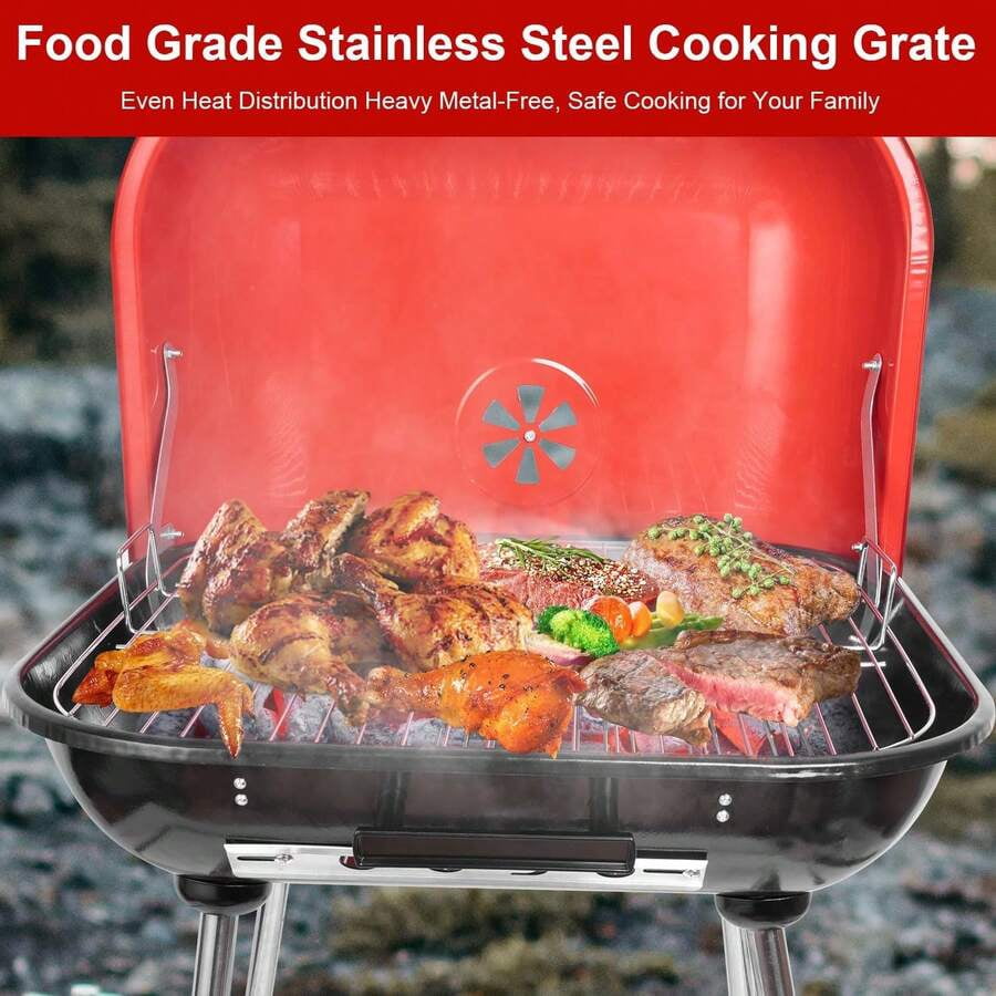 22inch Portable Charcoal Grill, Red Charcoal Grill With Portable Wheel And Handle, Suitable Cooking, Camping And Picnic(Red)