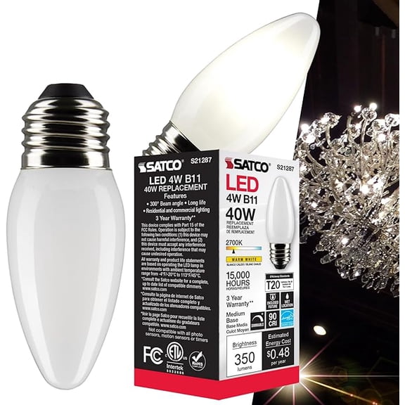 Satco S21287 4 Watt B11 LED Light Bulb, Frost, Medium Base (E26), 90 CRI, 2700K Warm White, 120V, Dimmable, 350 Lumens (2 Pack)