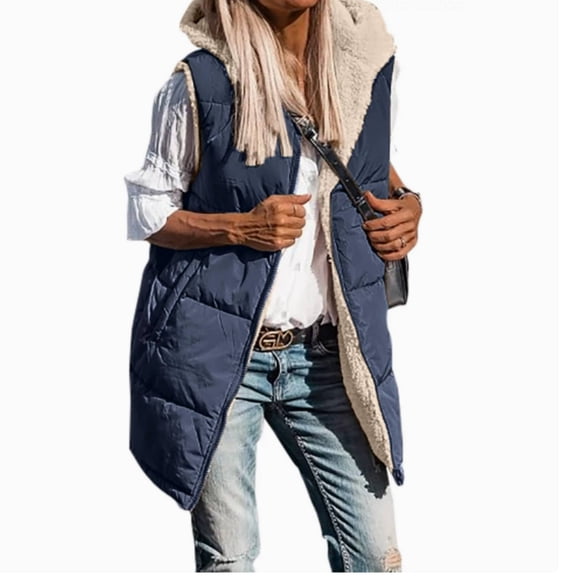 Women's Fleece Long Gilets Body Warmer Padded Reversible Sleeveless Vests Zip Up Outwear Jacket