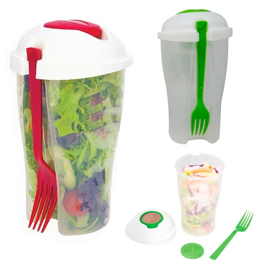 2 Salad Cup Container Serving Shaker Dressing Storage Fork Fruit Food