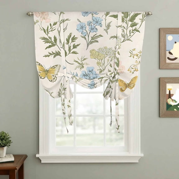 Colored Wildflowers Tie Up Curtain 45 Inches Long, Butterfly Leaf Linen Texture Balloon Style Kitchen Window Curtain Over Sink, Small Window Rod Pocket Curtain 42"x45"