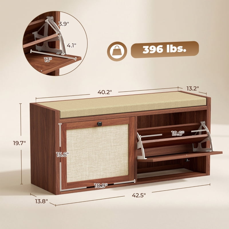 Alvantor Shoe Storage Bench with Rattan Doors & Padded Seat for Entryway 42.5"x13.8"x19.7" Brown