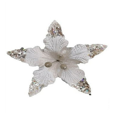6" White Velvet Glitter Edge Poinsettia Stem