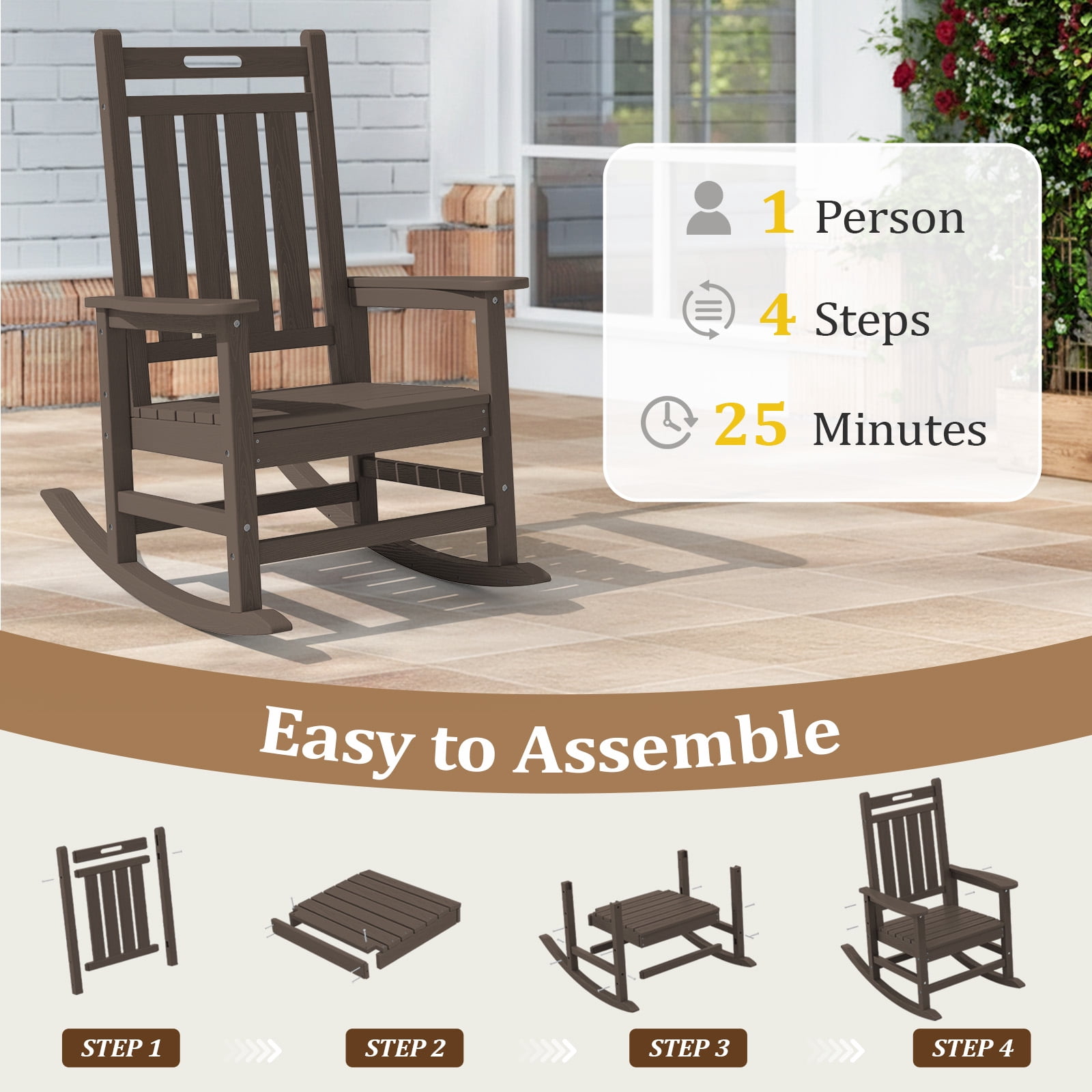 LOYALICE HDPE Outdoor Rocking Chair for Porch Patio, All-Weather High Back Rocker with Wood-Grain Texture, Heavy-Duty Deck Garden Seating, Fade-Resistant & Easy to Clean,Coffee