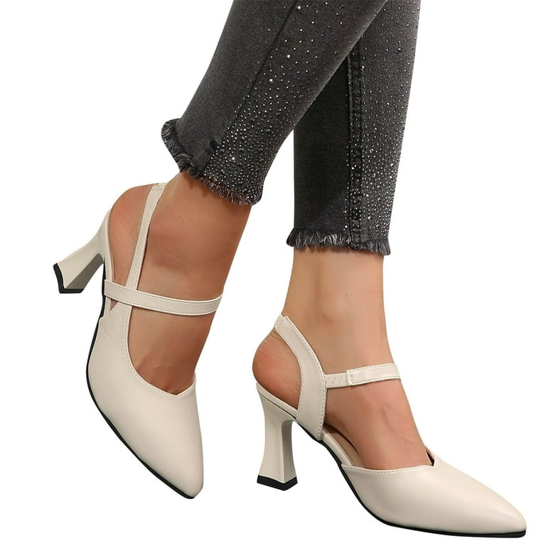 hopeusnice Women's Ankle Strap Heels Pointed Toe Buckle Slingback Dress Shoes Comfortable High Heels Open Toe Sandals Party Wedding Shoes Beige 42,
