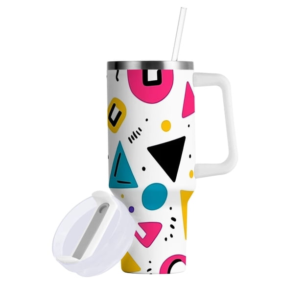 Yayeee 40oz Double-Wall Insulated Stainless Steel Tumbler with Handle Bottle, Yellow Retro Shapes