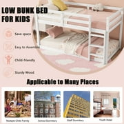 Bunk Bed Twin Over Twin, Low Twin Size Floor Bunk Beds with Ladder, Solid Wood Junior Bunk Bed for Teens Bedroom, No Box Spring Needed-White