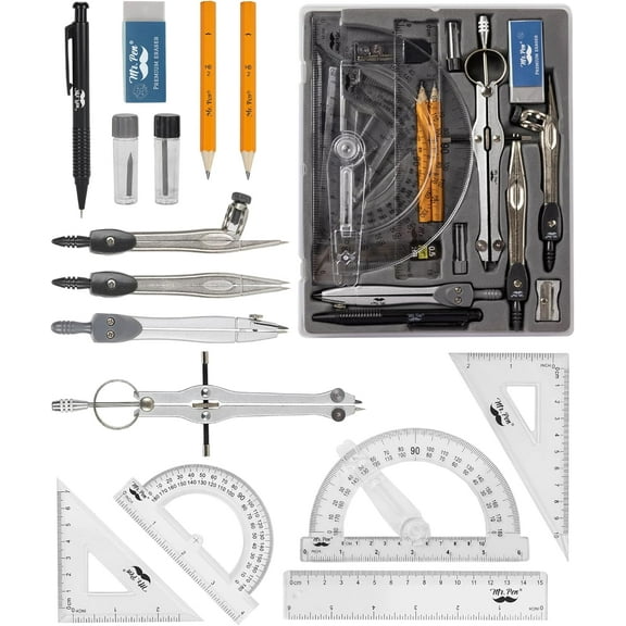 Mr. Pen Geometry Set with 6 Inch Swing Arm Protractor, Divider, Set Squares, Ruler, Compasses and Protractor, 15 Piece Set, Back to School Supplies