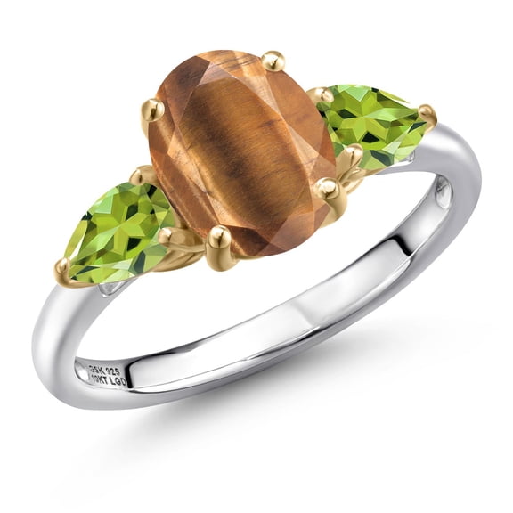 Gem Stone King 925 Silver and 10K Yellow Gold Brown Tiger Eye and Green Peridot Engagement Ring for Women | 2.33 Cttw | Oval 9X7MM | Gemstone Birthstone | Size 7