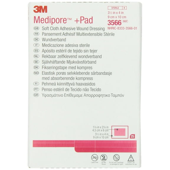 3M™ Medipore™  Pad Soft Cloth Adhesive Wound Dressing, 3566, Dressing - 3-1/2 in x 4 in, Pad - 1-3/4 in x 2-3/8 in