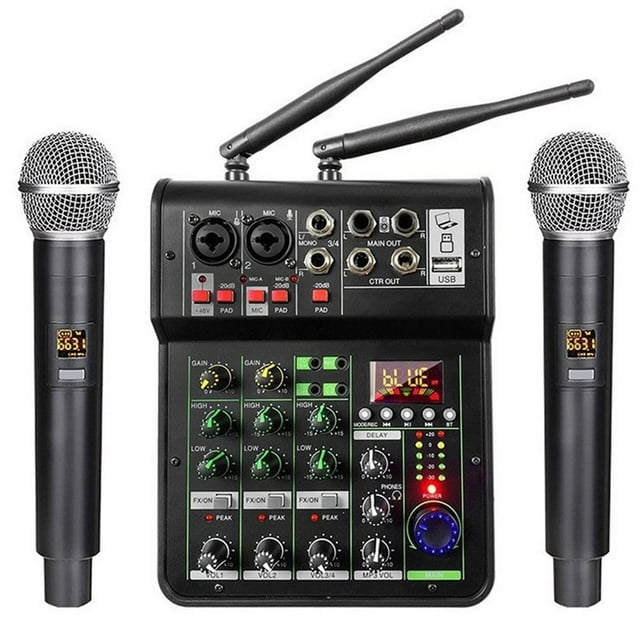 Mezcla de Audio con Micrófono Inalámbrico UHF, Consola Mezcladora Estéreo de 4 Canales, Bluetooth, USB para DJ, Karaoke, Grabación en PC.