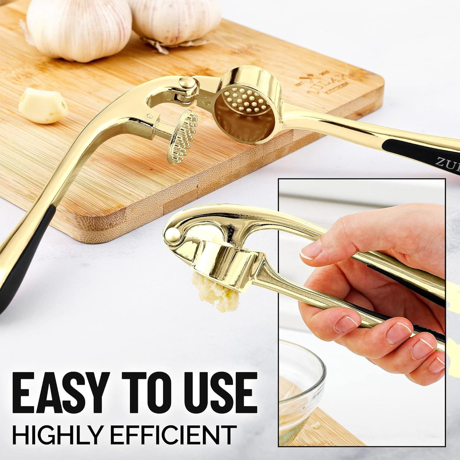 Kitchen Premium Garlic Press with Soft Easy to Squeeze Handle Includes Silicone Garlic Peeler and Cleaning Brush 3 Piece Garlic Mincer Tool Sturdy Easy to Clean Garlic Crusher Gold