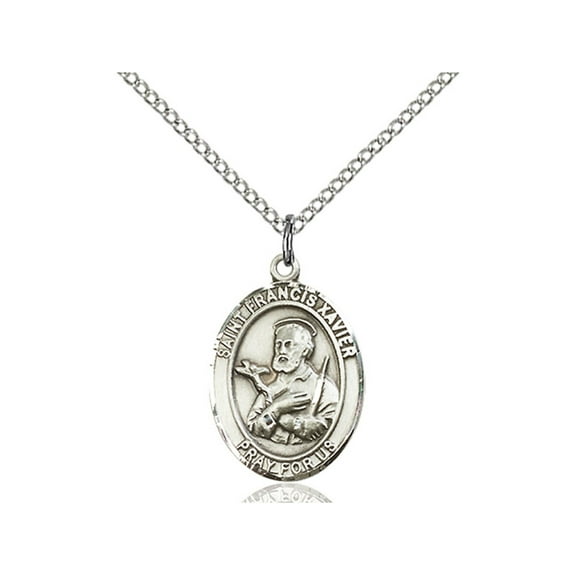 Sterling Silver St. Francis Xavier Pendant 3/4 x 1/2 inches with Sterling Silver Lite Curb Chain