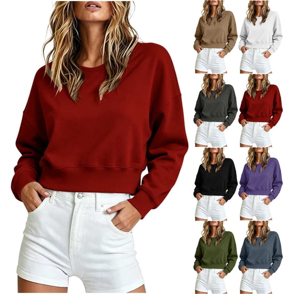 Meichang Cropped Sweatshirt for Women Plain Crewneck Sweatshirts Fall Long Sleeve Drop Shoulder Pullover Tops Navy M