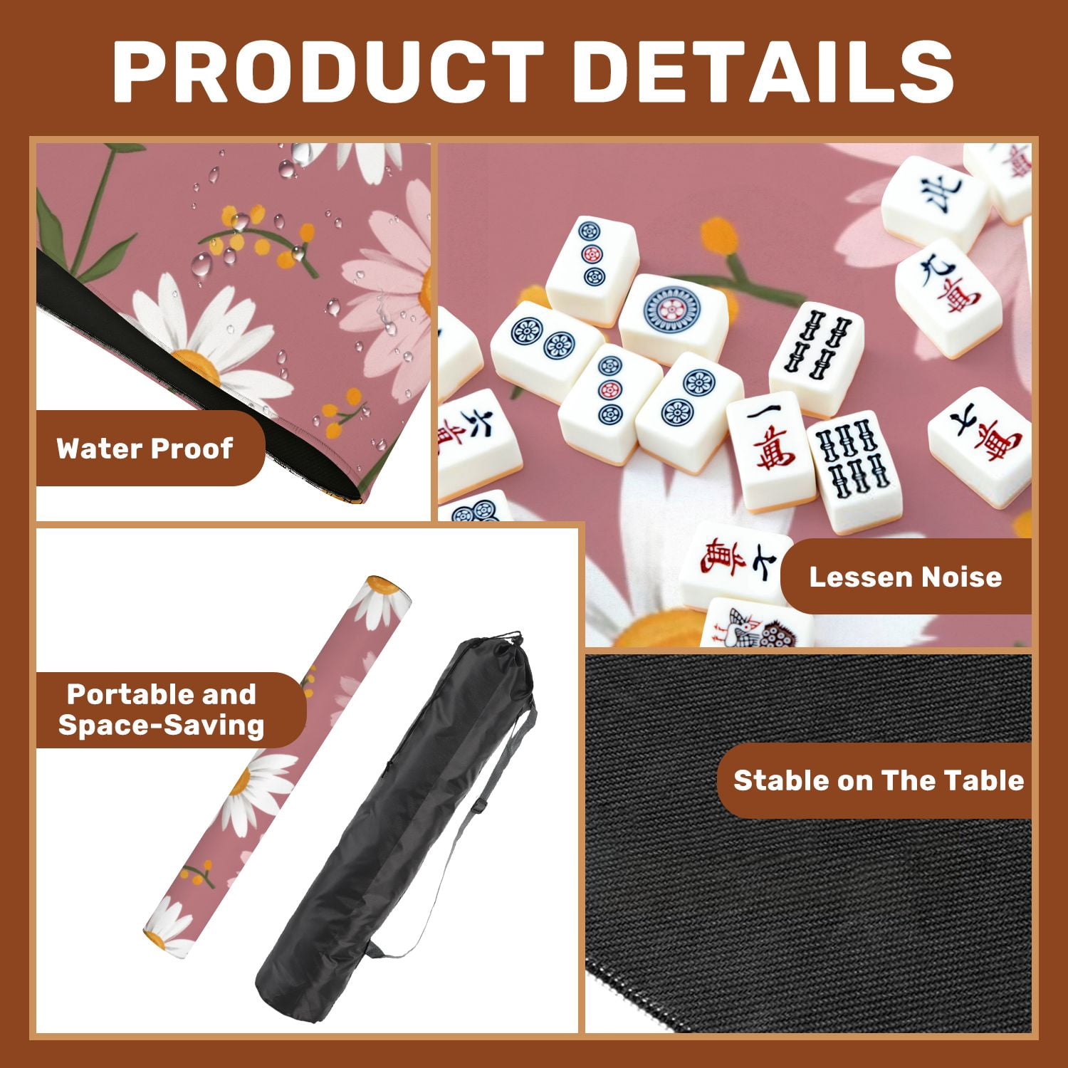 Mahjong Mat 31.5" x 31.5" Floral White Pink Daisies Mauve Non-Slip Noise Reduction American Mahjong Tiles Table Cover for Dominoes Poker Card Board Games Gift