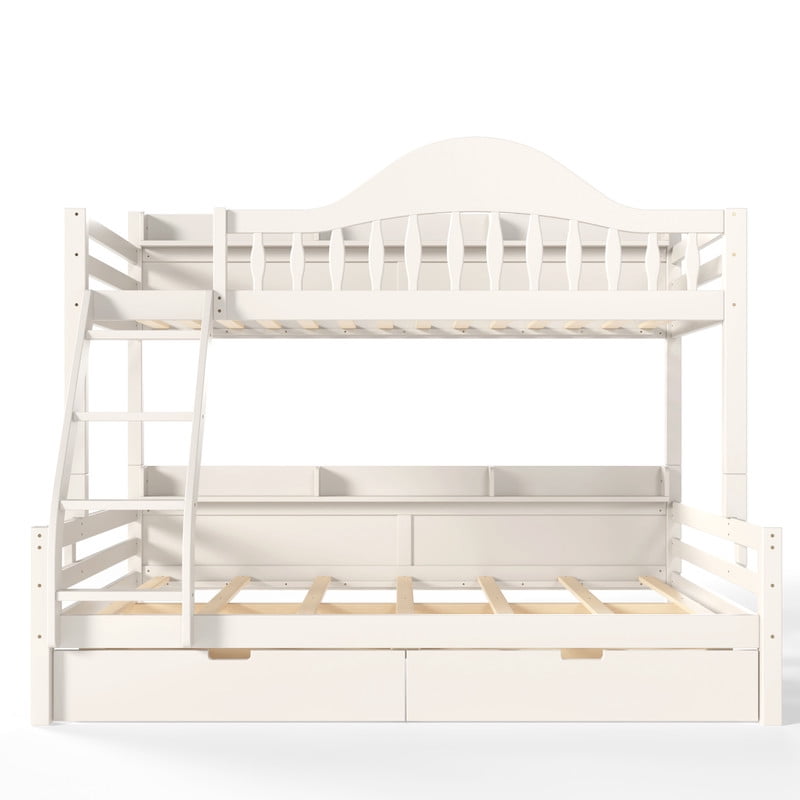 Twin Over Full Bunk Bed with 2 Storage Drawers, Solid Wood Kids Bunk Bed with Curved Guardrails, Side Storage Shelves and Ladder, No Box Spring Needed