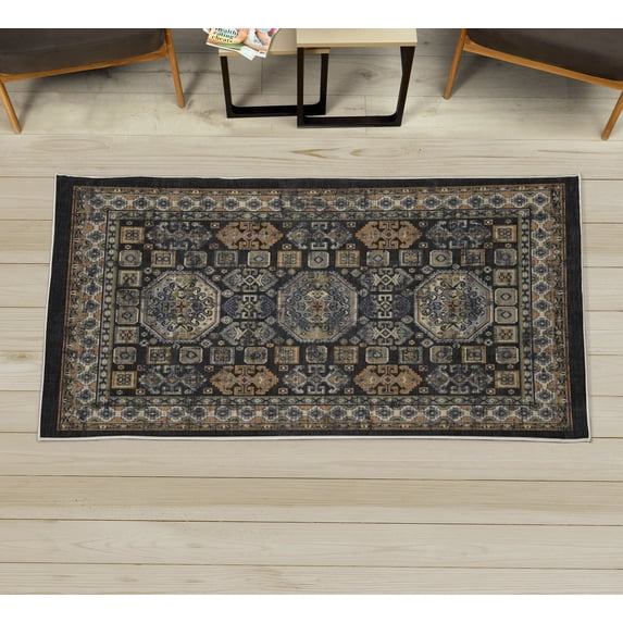 Ethnic Decorative Rug, Old and Antique Anatolian Motifs Turkish Ottoman Empire Style of an Illustration, Quality Carpet for Bedroom Dorm and Living Room, 6 Sizes, Charcoal Grey, by Ambesonne