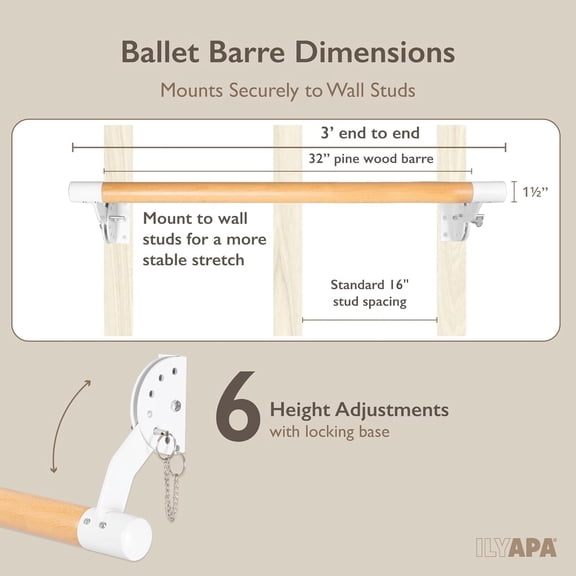 Ballet Barre Bare for Home - Wood Adjustable Wall Mount Ballet Bar Dance Equipment for Barre Workout & Ballet Stretching, Powdercoated White