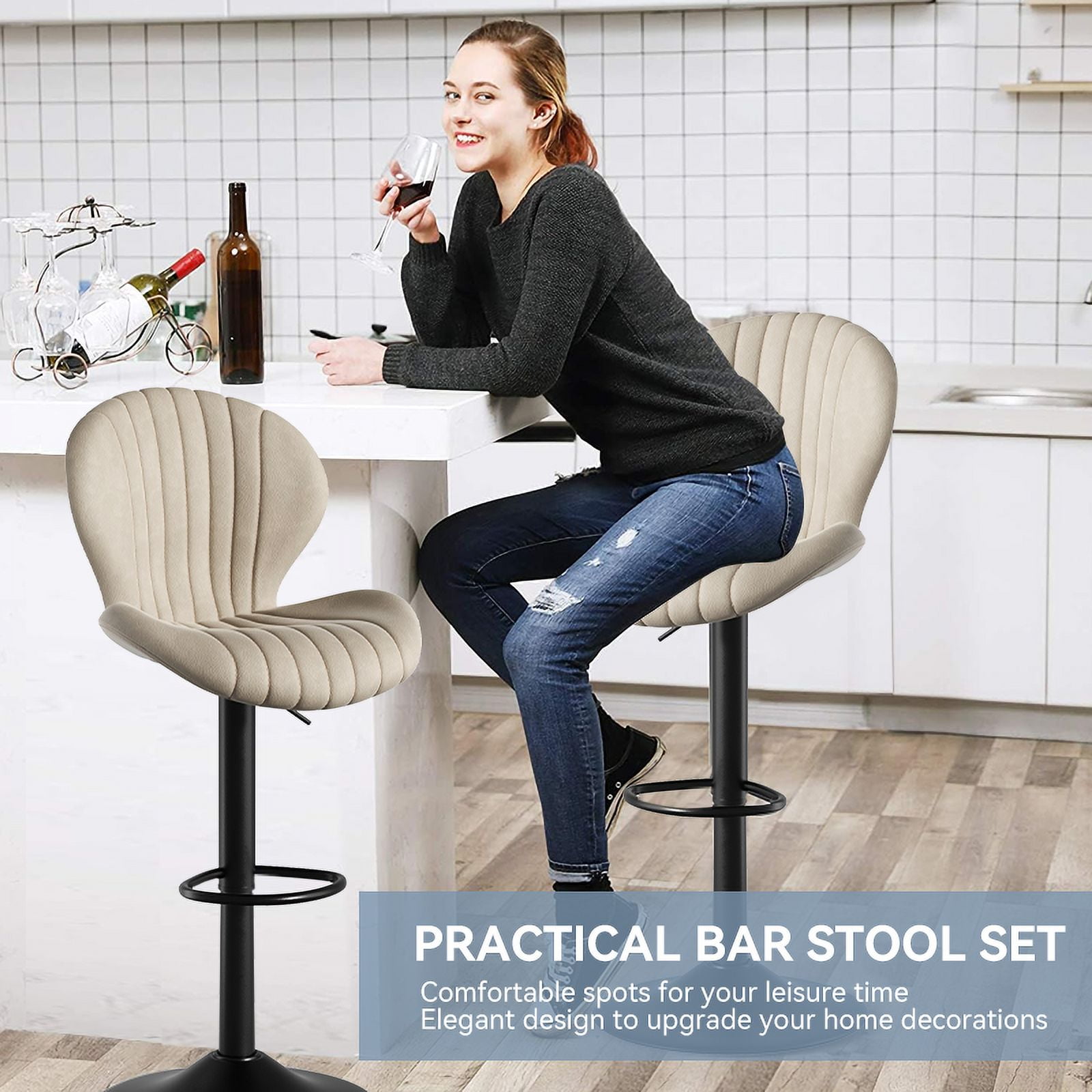 MOONMISS Modern Adjustable Bar Stool Faux Leather Bar Stool,Beige(Set of 2)