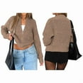 thumbnail image 3 of Women Loose Fit Crew Neck Long Sleeve Zipper Front Crop Cardigan Fall Trendy Zip Up Knit Sweater Coats Coffee Color XL, 3 of 7