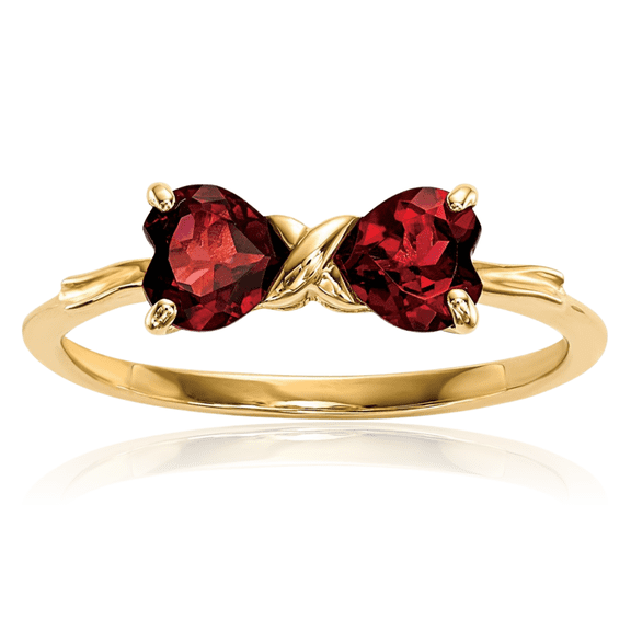 14K Solid Yellow Gold Red Garnet Bow Heart Ring Love Band January Birthstone Jewelry