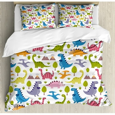 Kids Queen Size Duvet Cover Set, Cartoon Style Colorful Lovely Dinosaurs T-Rex Triceratops Prehistoric Reptile Wildlife, Decorative 3 Piece Bedding Set with 2 Pillow Shams, Multicolor, by Ambesonne